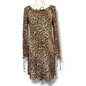 90’s SUNHEE Animal- Like Safari Tan / Black Print Long Bishop Sleeve Dress